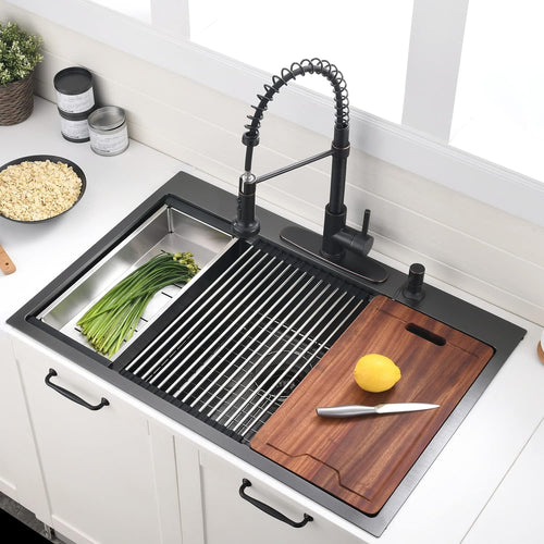 28 Inch Drop in Kitchen Sink Workstation with Accessories - 28X22 Inch Topmount Single Bowl 16 Gauge Stainless Steel Kitchen Sink Drop in with Cutting Board