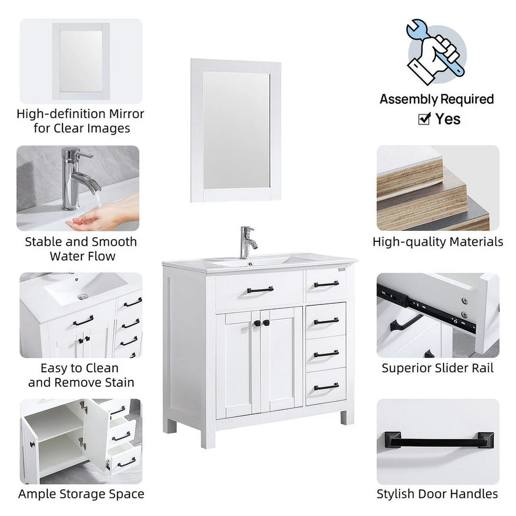 36" Luxurious Bathroom Vanity with Sink Top,Modern Bathroom Vanities with 2-Door and 5 Drawers Cabinet,Undermount Ceramic Sink,White