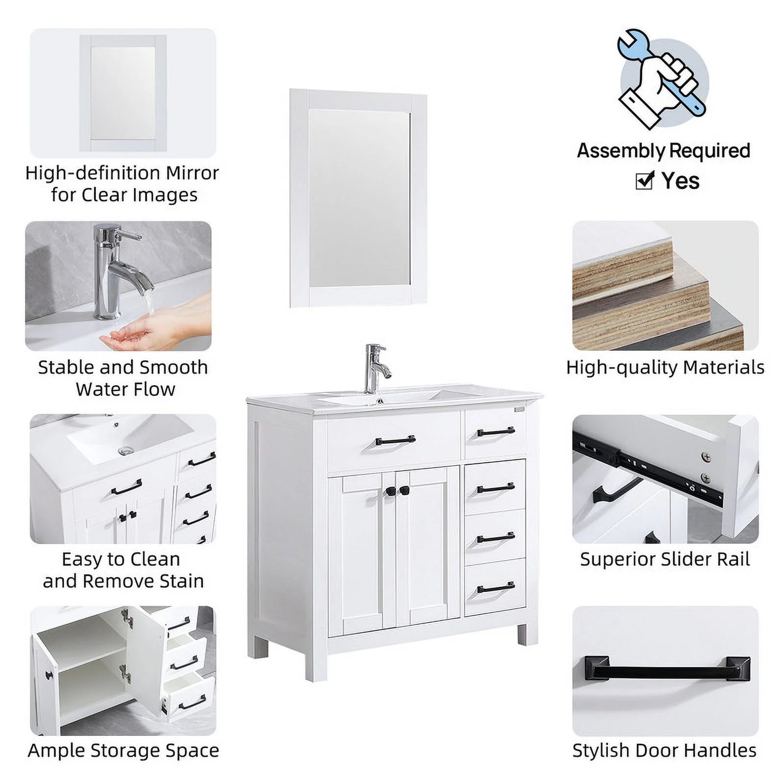 36" Luxurious Bathroom Vanity with Sink Top,Modern Bathroom Vanities with 2-Door and 5 Drawers Cabinet,Undermount Ceramic Sink,White