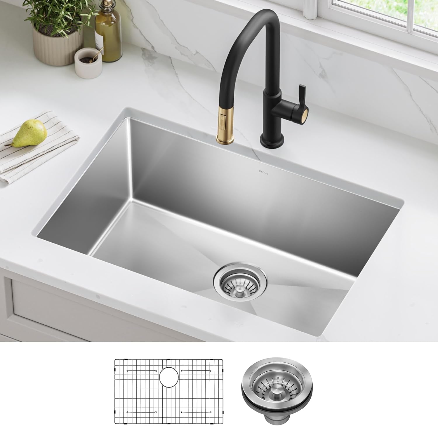Standart PRO 28-Inch 16 Gauge Undermount Single Bowl Stainless Steel Kitchen Sink, KHU100-28