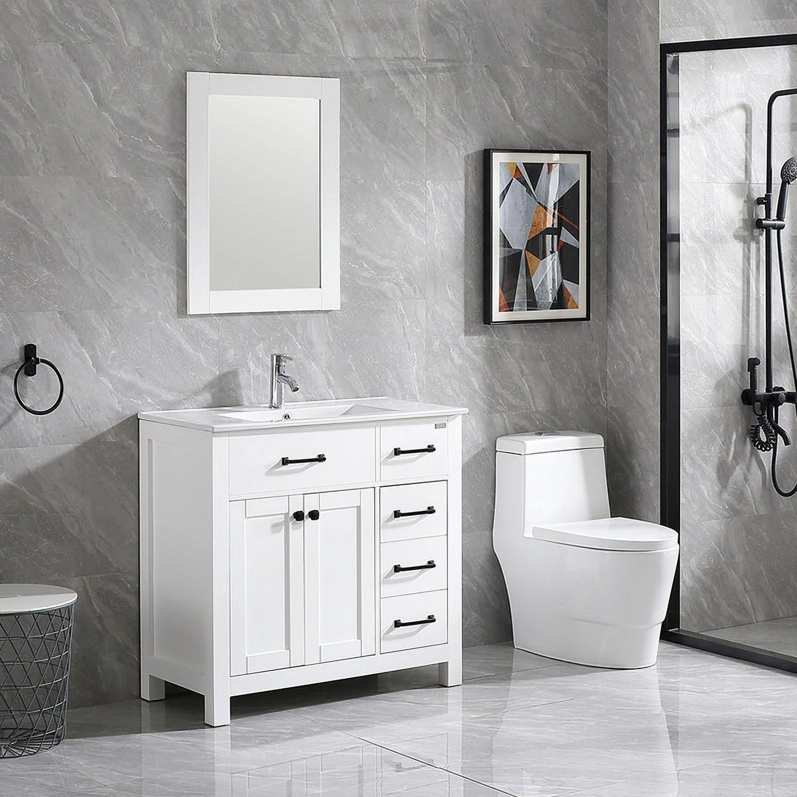 36" Luxurious Bathroom Vanity with Sink Top,Modern Bathroom Vanities with 2-Door and 5 Drawers Cabinet,Undermount Ceramic Sink,White