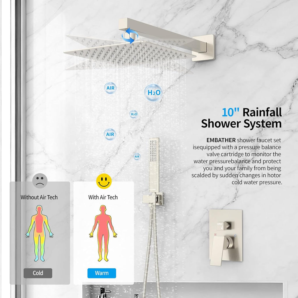 Rain Shower System Sets Faucet:  10 Inch Overhead Rainhead Shower Combo Set with Handheld and Valve-Luxury Modern Mixer Rainfall Brushed Nickel Shower Faucets Sets Complete