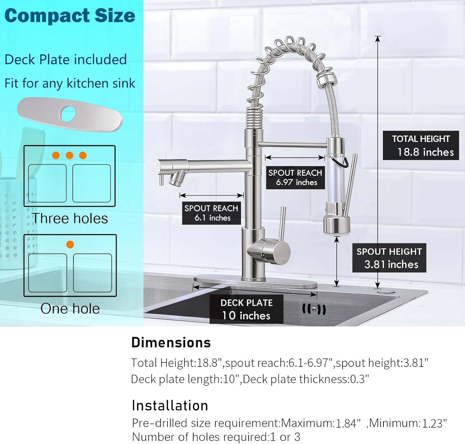Kitchen Faucets with Pull down Sprayer Brushed Nickel -【LED Light Dual Ends】 Single Handle 1 or 3 Holes Spring Kitchen Sink Faucet with Deck Plate for Farmhouse RV Vessel Basin