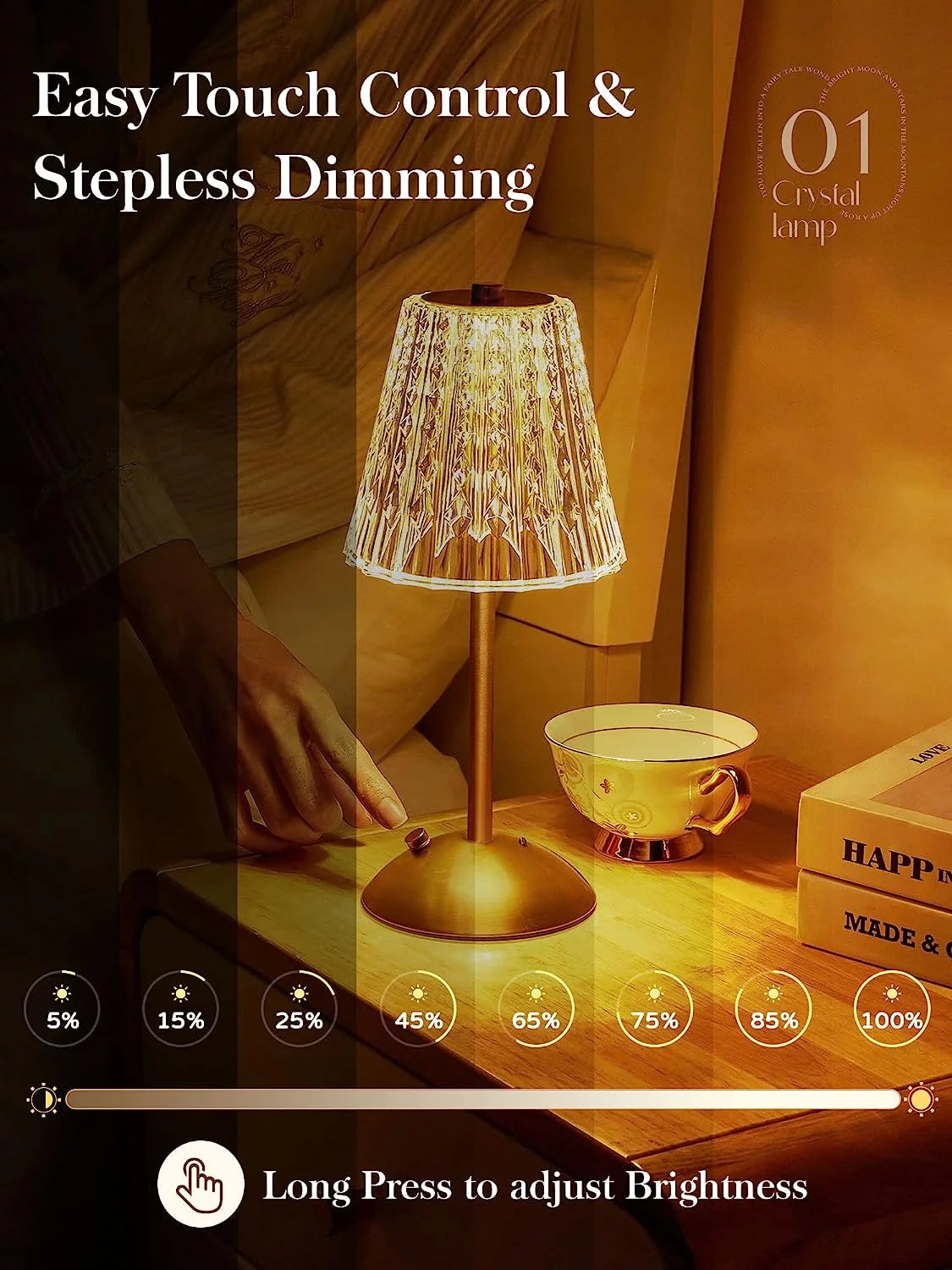 Table Lamps, Dimmable Crystal Table Lamp 3 Colors LED Gold Lamp,Touch Lamp Diamond Crystal Lamp, Rechargeable Small Lamp, Cordless Lamp Bedside Lamp for Bedroom Living Room Bathroom Hotel Bar