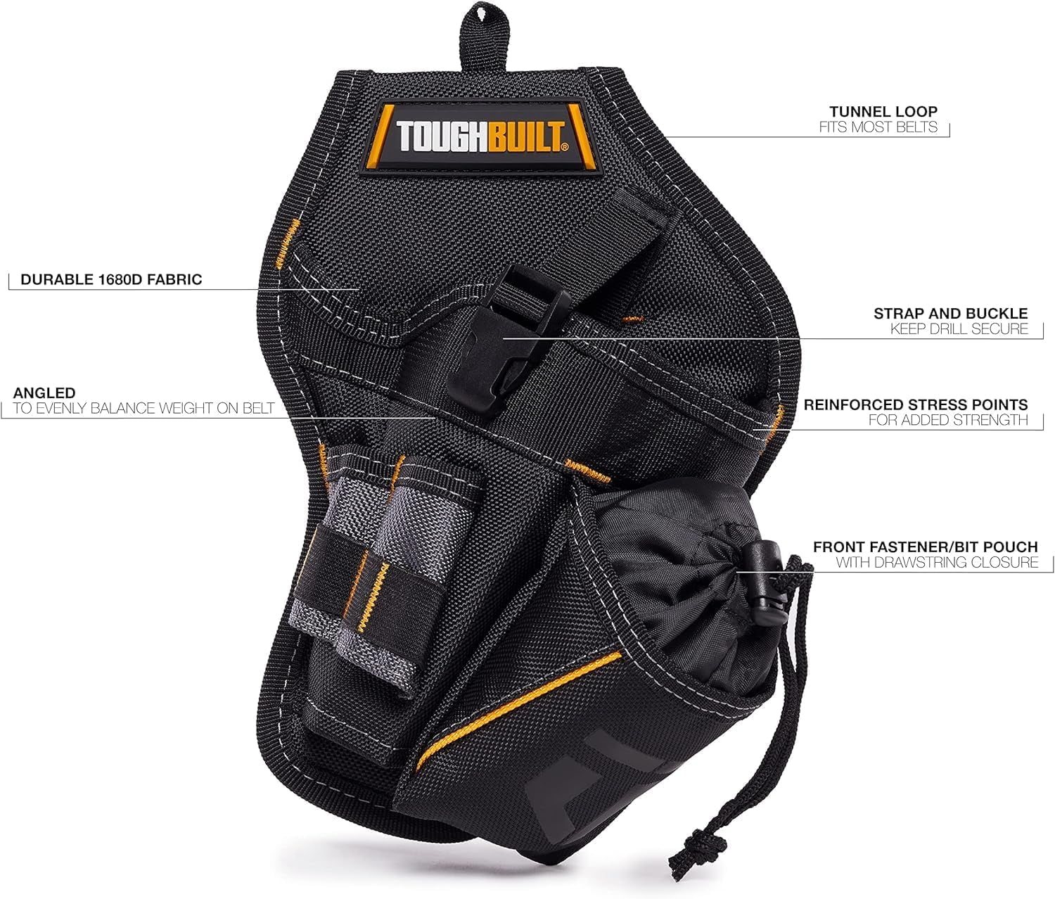 – Compact Drill Holster, Heavy-Duty Tool Holster with Cliptech Hub, Adjustable Drill Strap, Bit Pockets, and Rugged 1680D Construction for Secure Jobsite Access