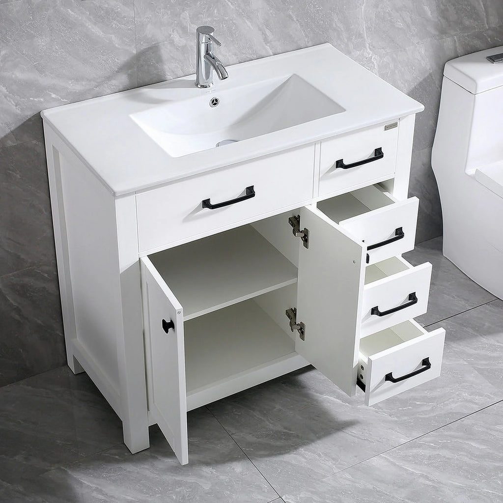 36" Luxurious Bathroom Vanity with Sink Top,Modern Bathroom Vanities with 2-Door and 5 Drawers Cabinet,Undermount Ceramic Sink,White