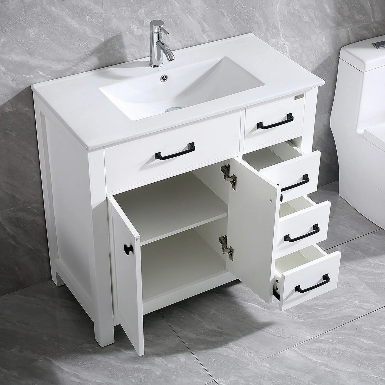 36" Luxurious Bathroom Vanity with Sink Top,Modern Bathroom Vanities with 2-Door and 5 Drawers Cabinet,Undermount Ceramic Sink,White