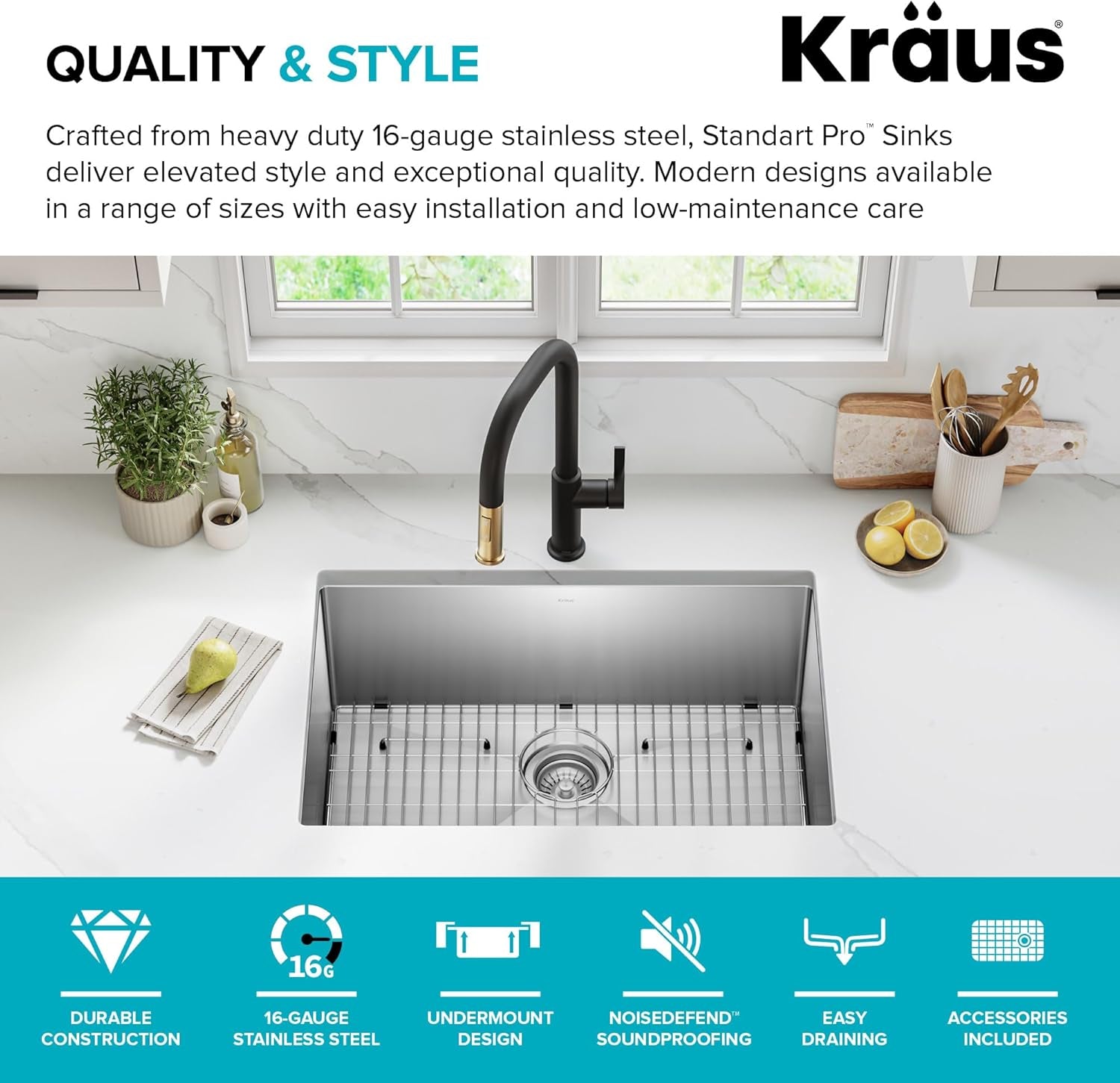 Standart PRO 28-Inch 16 Gauge Undermount Single Bowl Stainless Steel Kitchen Sink, KHU100-28