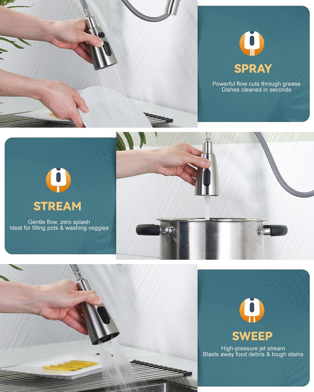 Kitchen Faucet with Sprayer, Kitchen Sink Faucet, SUS 304 Stainless Steel, High Arc Single Handle Brushed Nickel Kitchen Faucets with Pull down Sprayer, Pull Out Kitchen Faucet with Deck Plate
