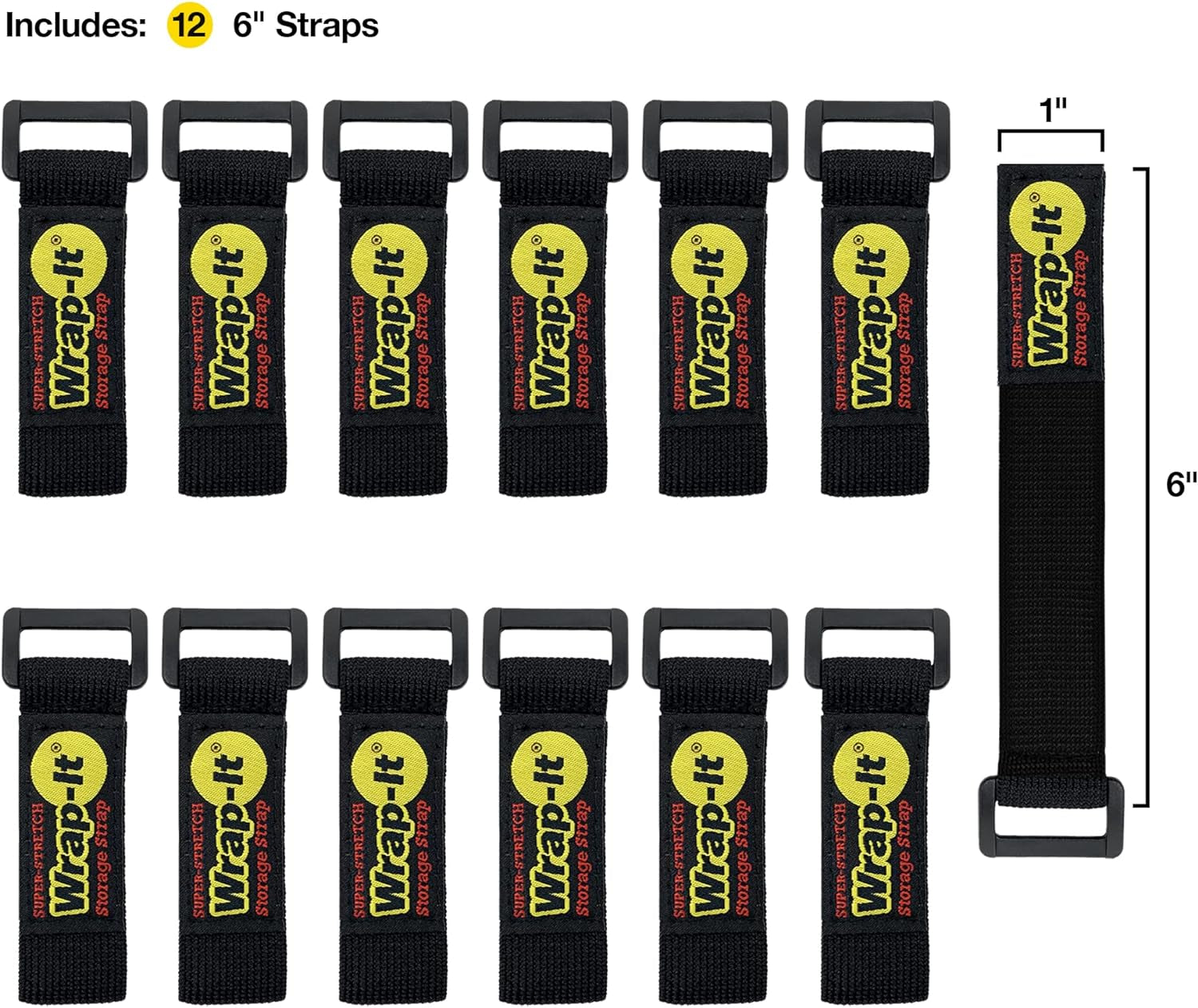 Super-Stretch  Straps, 6" (12 Pack) - Elastic Hook and Loop Cinch Straps - Extension Cord Organizer, Hose Strap, Cable Straps, Tool Strap, Cord Wrap, Cord Keeper and Cable Storage