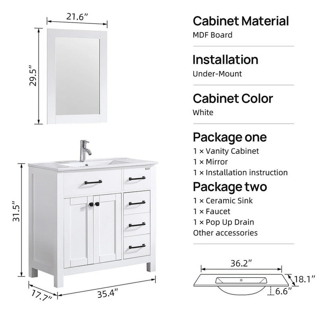 36" Luxurious Bathroom Vanity with Sink Top,Modern Bathroom Vanities with 2-Door and 5 Drawers Cabinet,Undermount Ceramic Sink,White