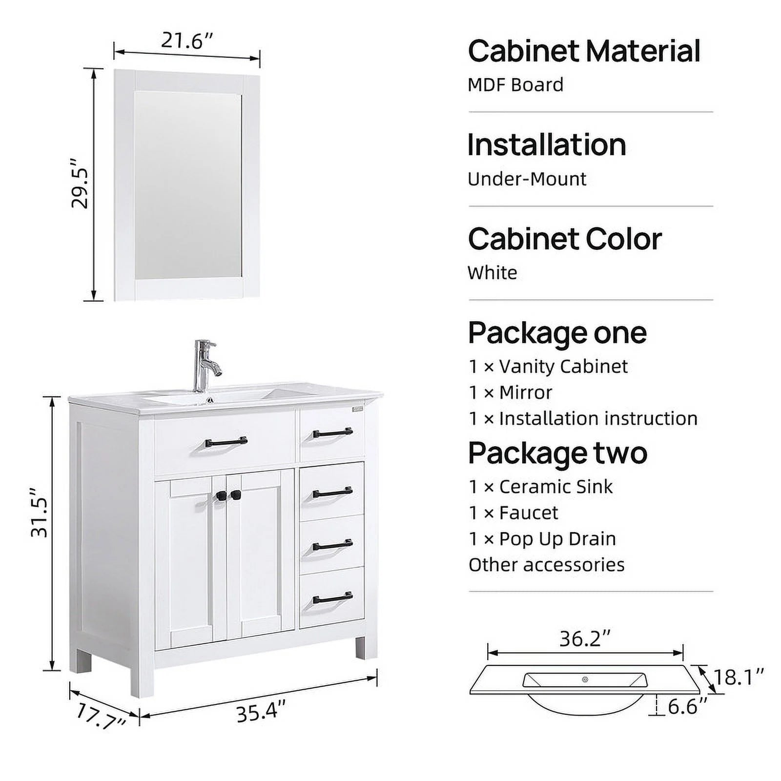 36" Luxurious Bathroom Vanity with Sink Top,Modern Bathroom Vanities with 2-Door and 5 Drawers Cabinet,Undermount Ceramic Sink,White