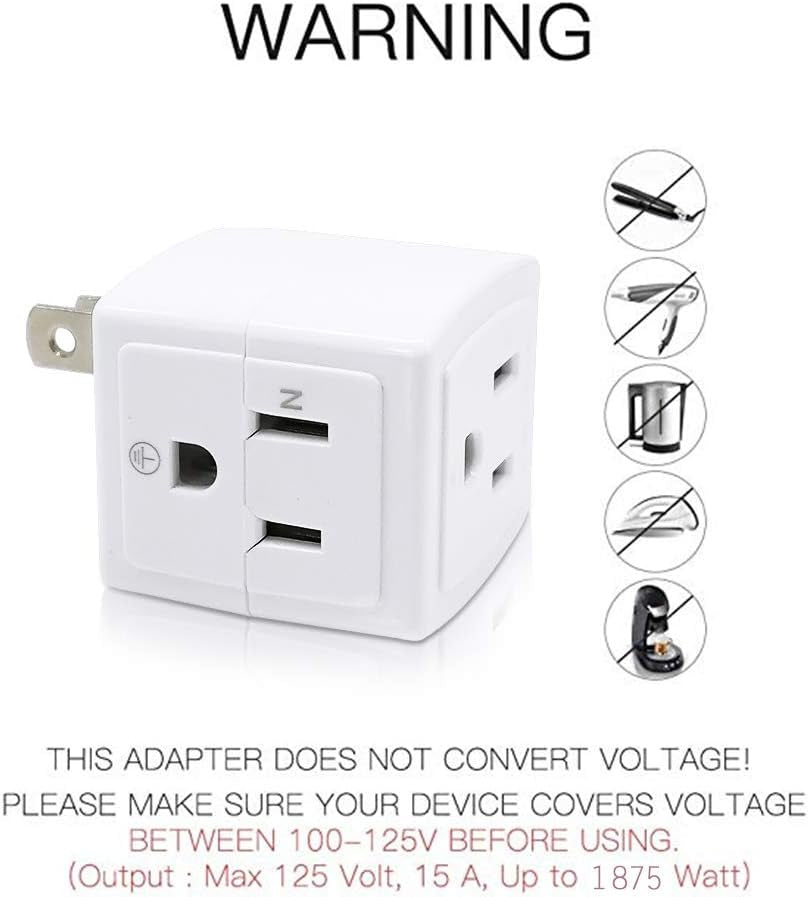 Adapter Outlet Extender, 2-Prong to 3-Prong Mini Wall Plug, Multi Outlet Splitter with 3 Outlets