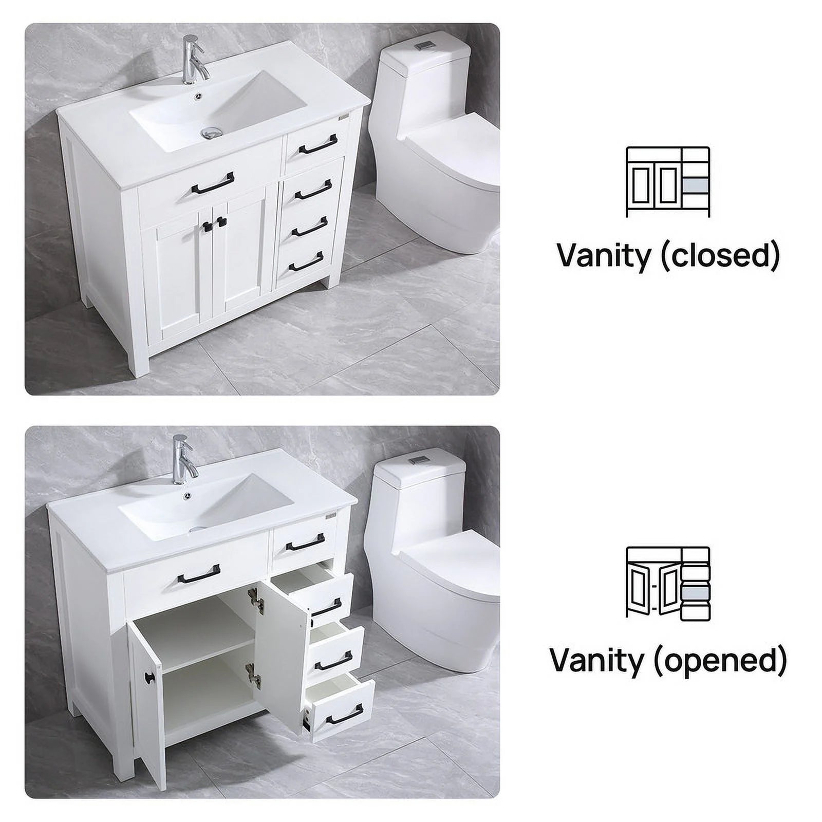 36" Luxurious Bathroom Vanity with Sink Top,Modern Bathroom Vanities with 2-Door and 5 Drawers Cabinet,Undermount Ceramic Sink,White