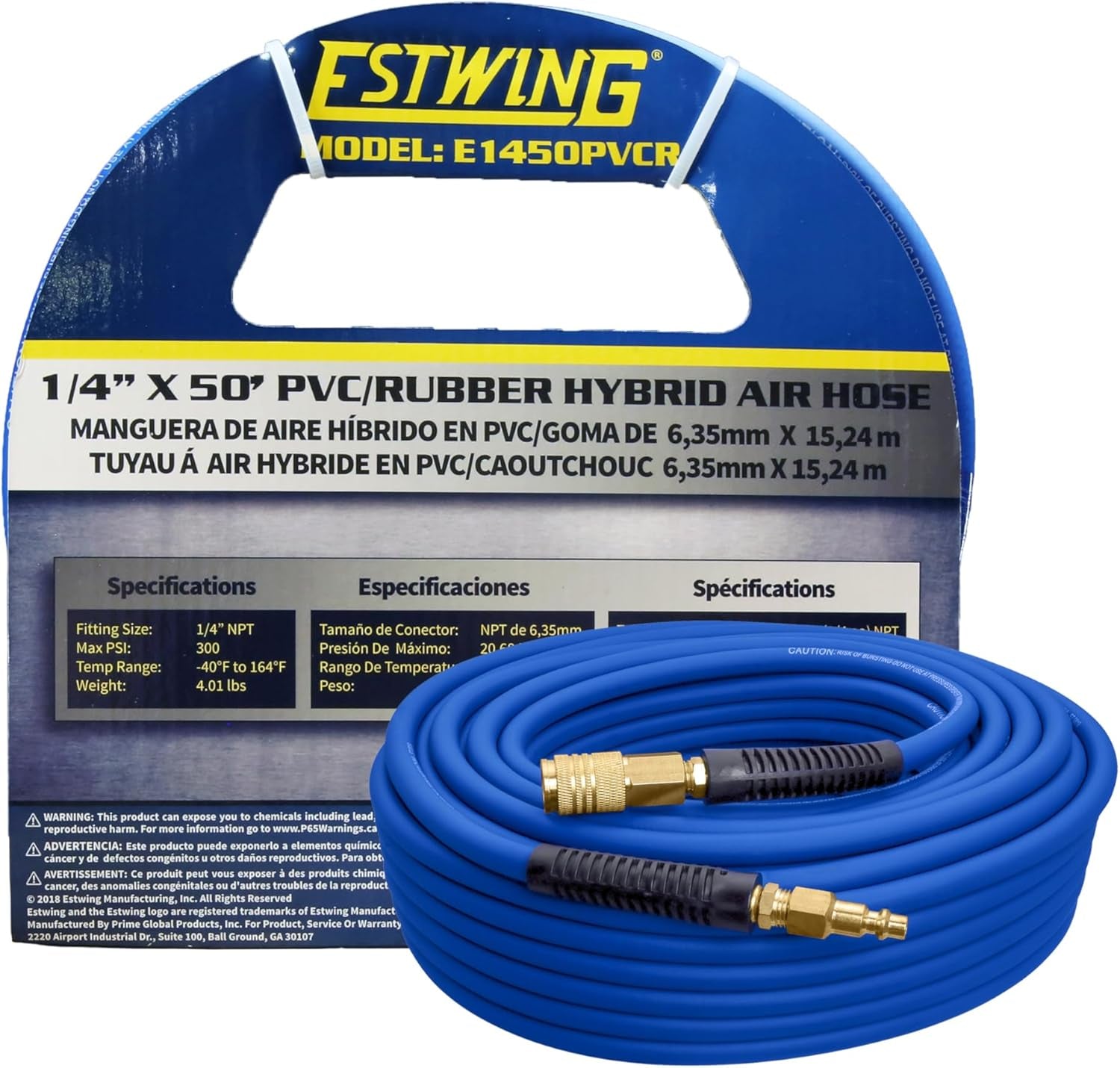 E1450PVCR 1/4" X 50' PVC / Rubber Hybrid Air Hose with Brass 1/4" NPT Industrial Fitting and Universal Quick Connect Coupler