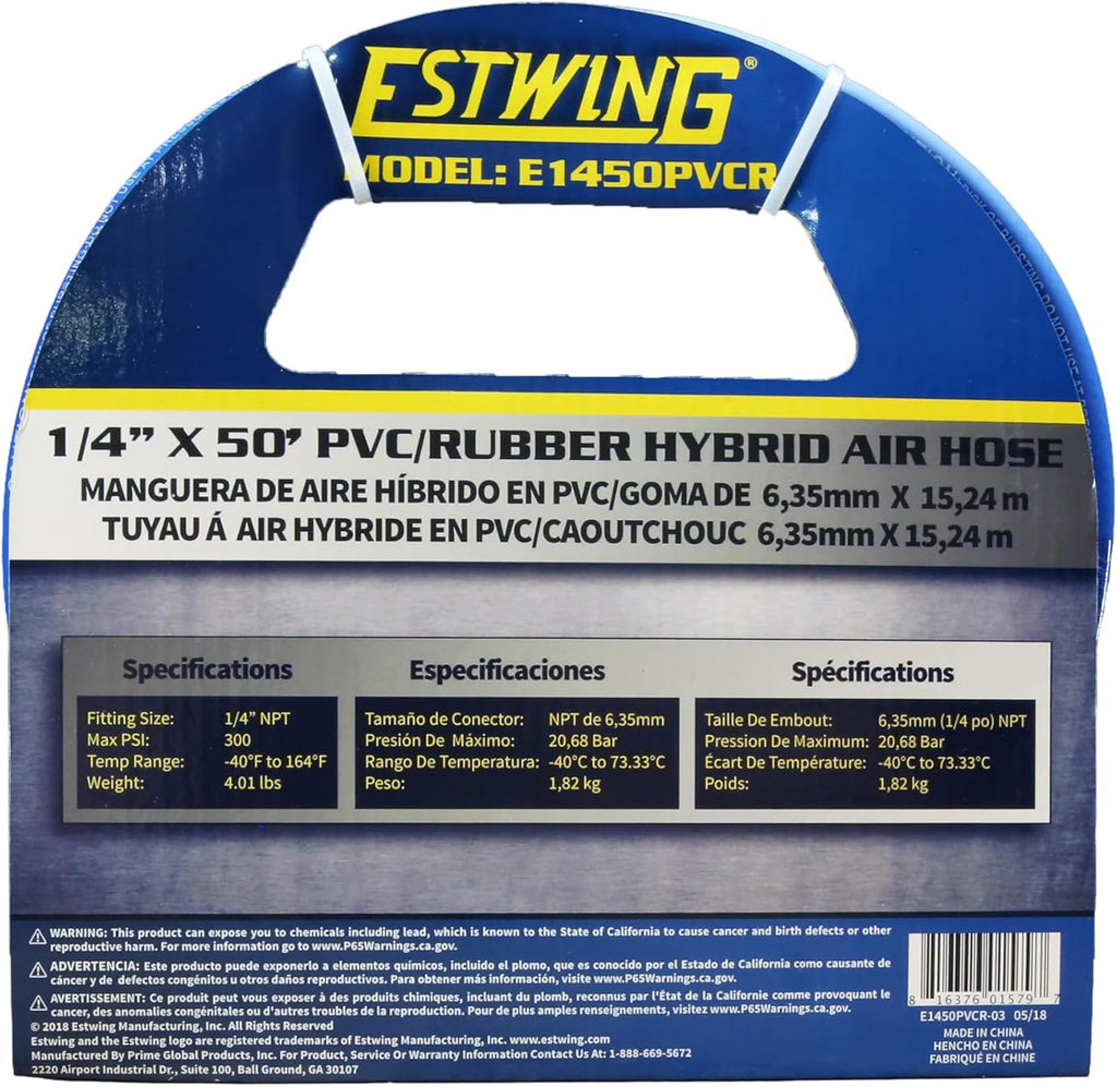 E1450PVCR 1/4" X 50' PVC / Rubber Hybrid Air Hose with Brass 1/4" NPT Industrial Fitting and Universal Quick Connect Coupler