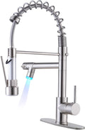 Kitchen Faucets with Pull down Sprayer Brushed Nickel -【LED Light Dual Ends】 Single Handle 1 or 3 Holes Spring Kitchen Sink Faucet with Deck Plate for Farmhouse RV Vessel Basin