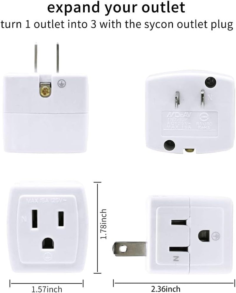 Adapter Outlet Extender, 2-Prong to 3-Prong Mini Wall Plug, Multi Outlet Splitter with 3 Outlets