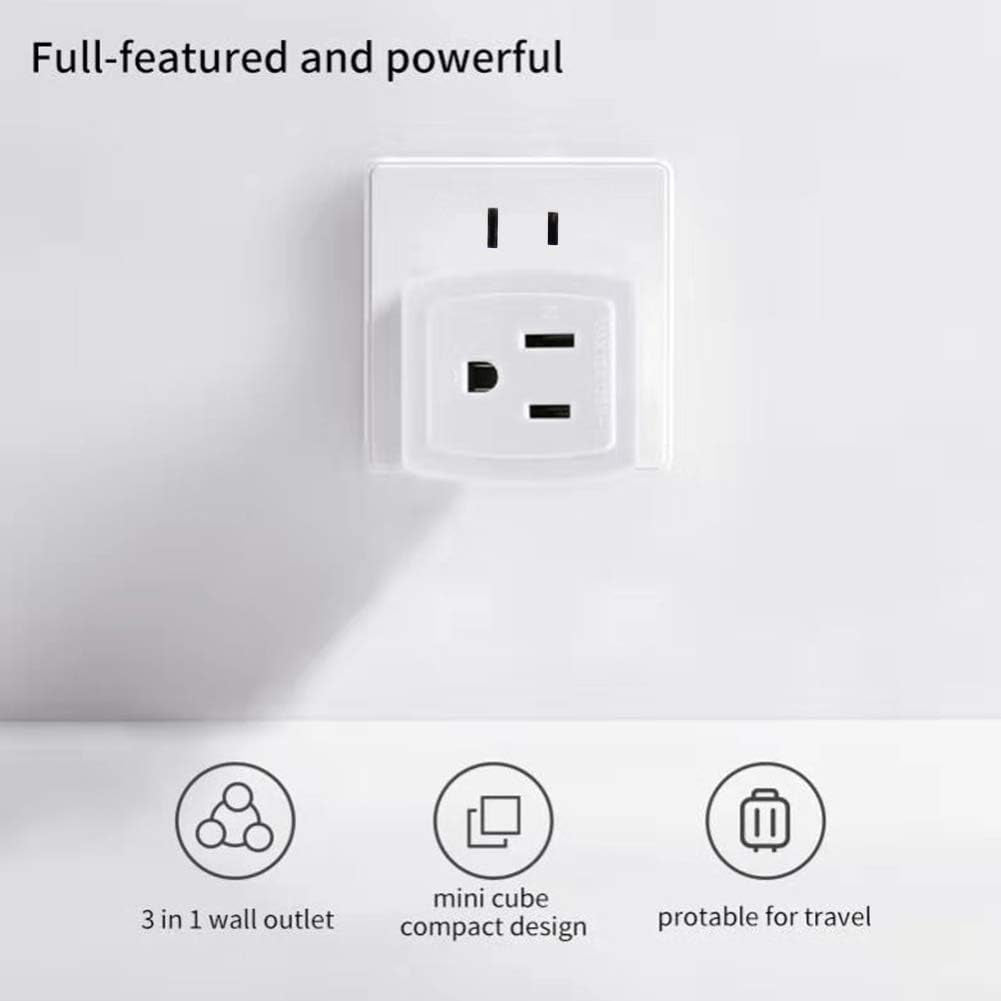 Adapter Outlet Extender, 2-Prong to 3-Prong Mini Wall Plug, Multi Outlet Splitter with 3 Outlets