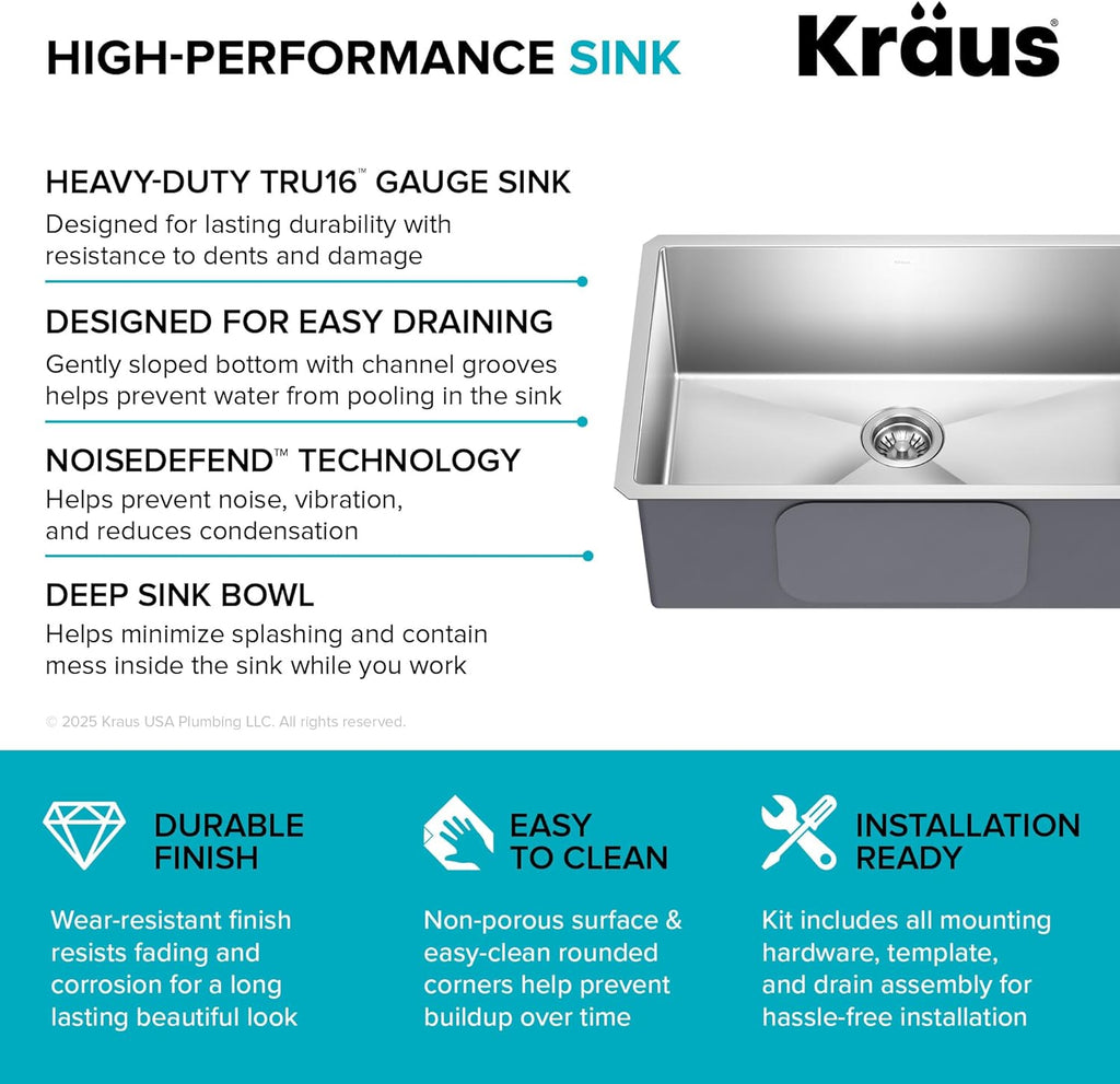 Standart PRO 28-Inch 16 Gauge Undermount Single Bowl Stainless Steel Kitchen Sink, KHU100-28