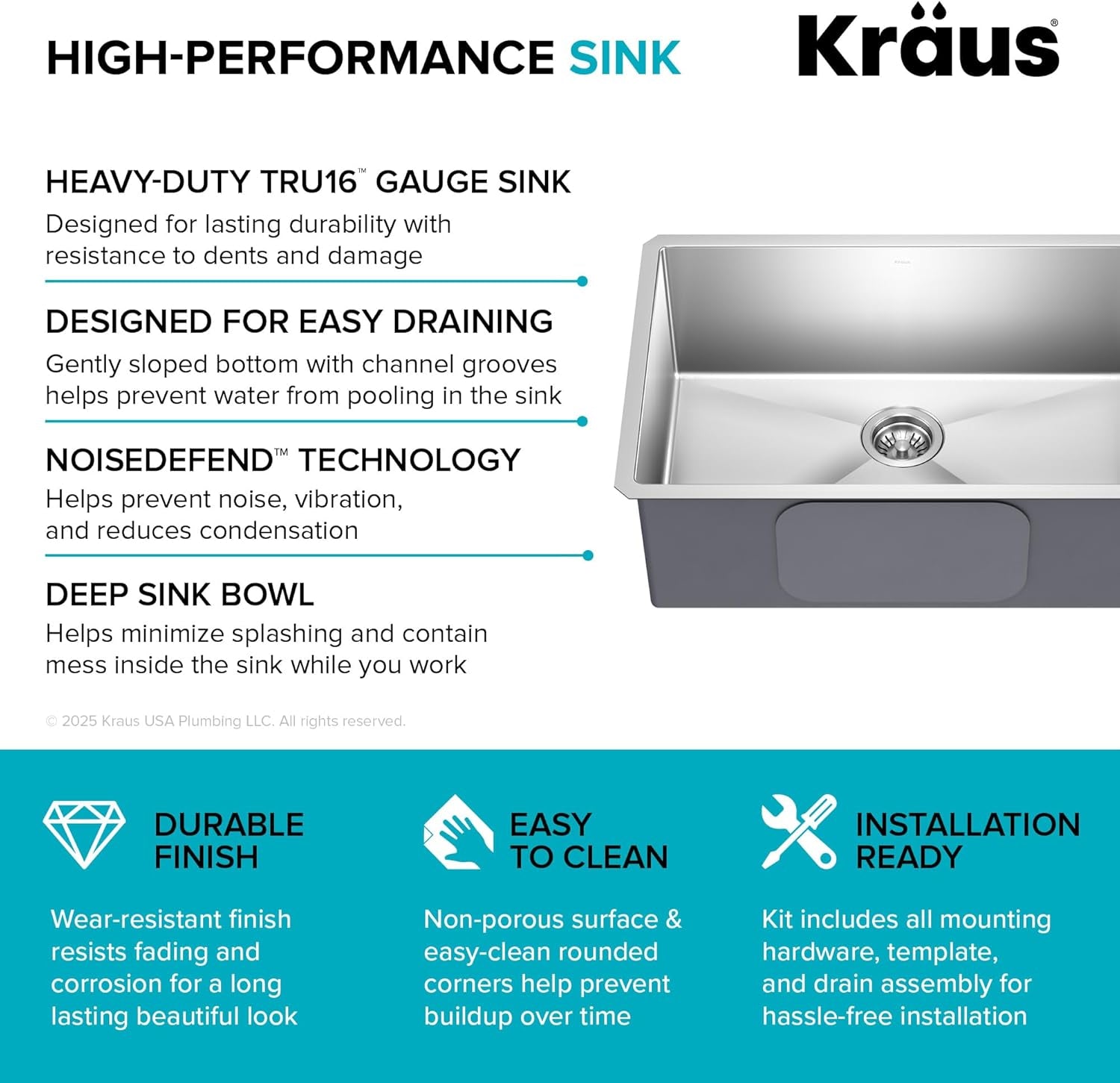 Standart PRO 28-Inch 16 Gauge Undermount Single Bowl Stainless Steel Kitchen Sink, KHU100-28