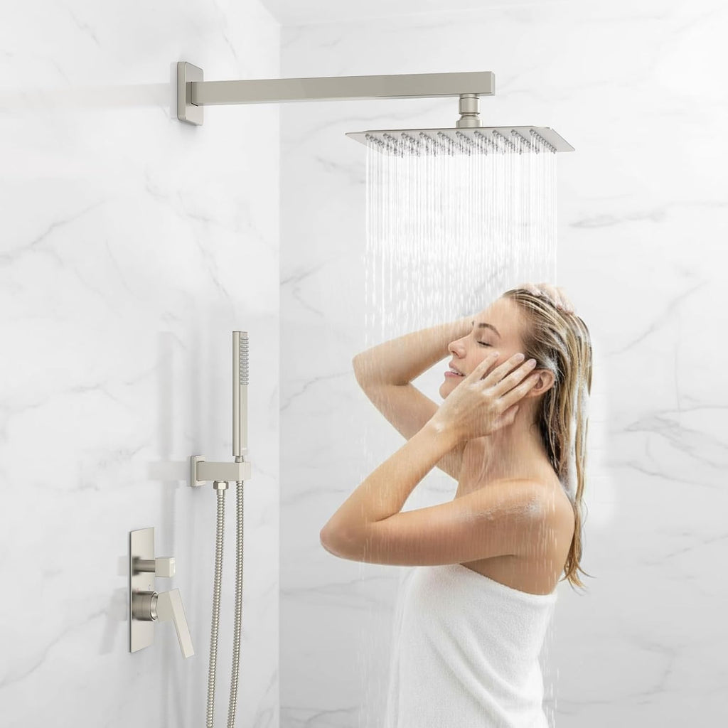 Rain Shower System Sets Faucet:  10 Inch Overhead Rainhead Shower Combo Set with Handheld and Valve-Luxury Modern Mixer Rainfall Brushed Nickel Shower Faucets Sets Complete